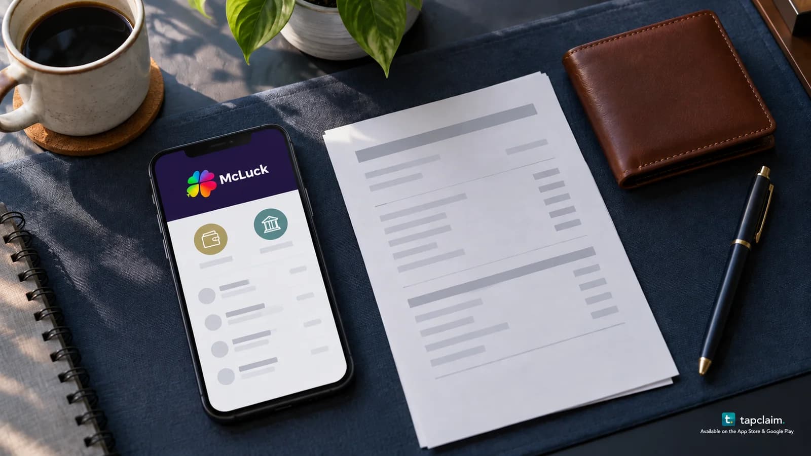 A McLuck phone showing conceptual virtual balance symbols and purchase rows beside an anonymous payment statement.