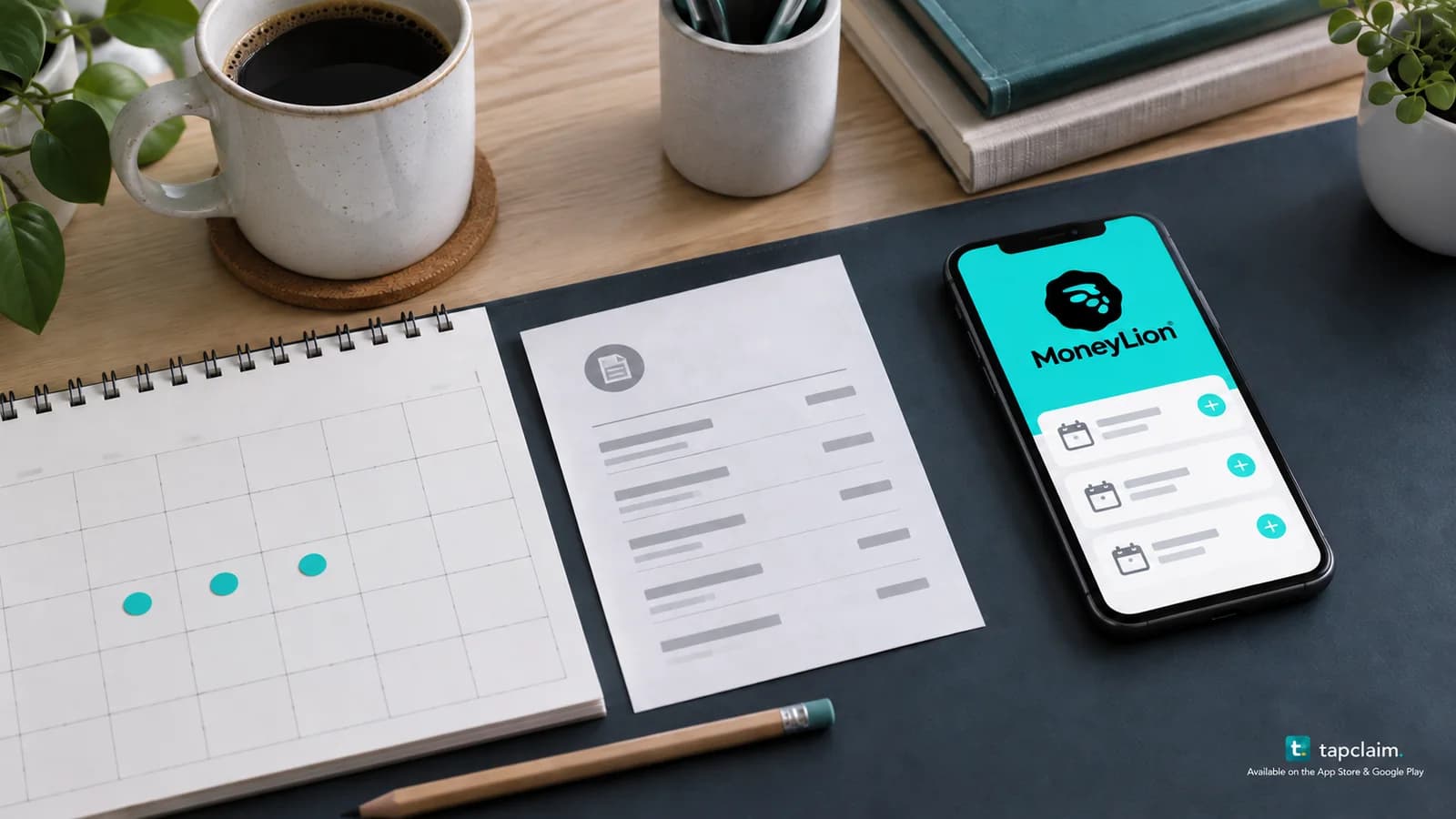 A MoneyLion phone interface with recurring calendar symbols beside an anonymous monthly statement and budget calendar.