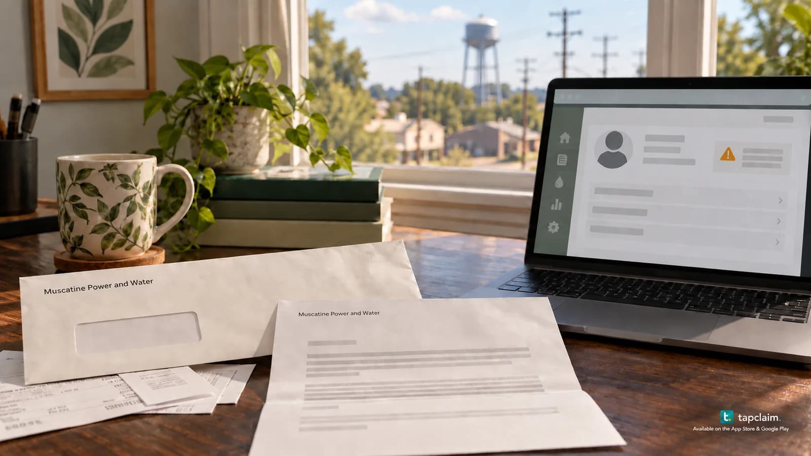 Muscatine Power and Water correspondence beside receipts and a laptop showing masked personal records and a warning symbol.