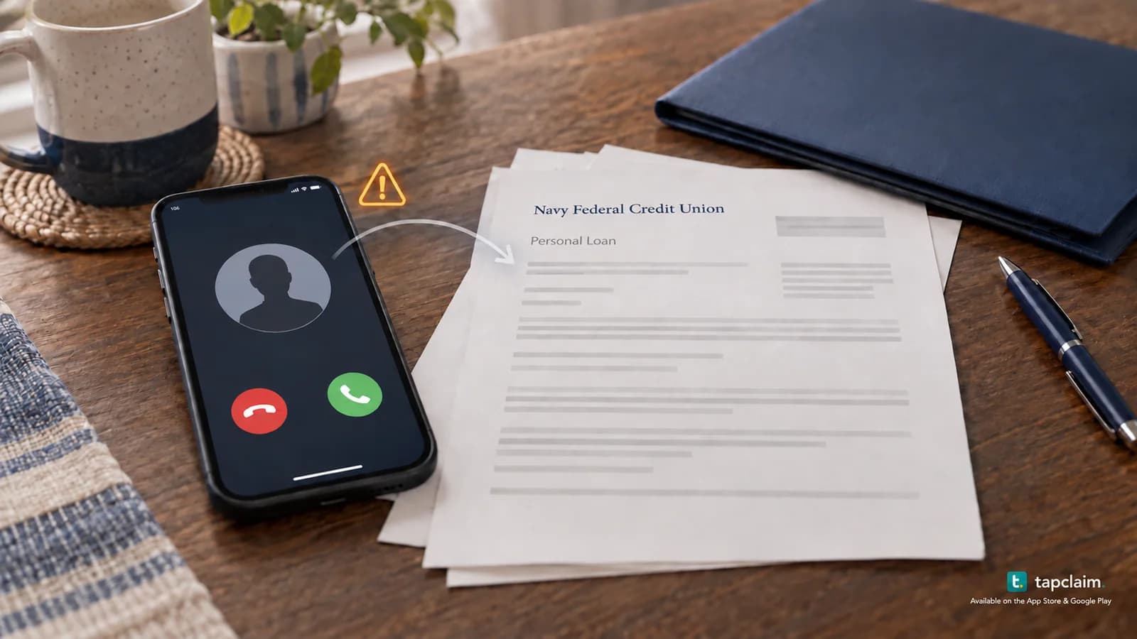 Navy Federal Credit Union loan correspondence beside a phone with an anonymous caller symbol and a small warning indicator.