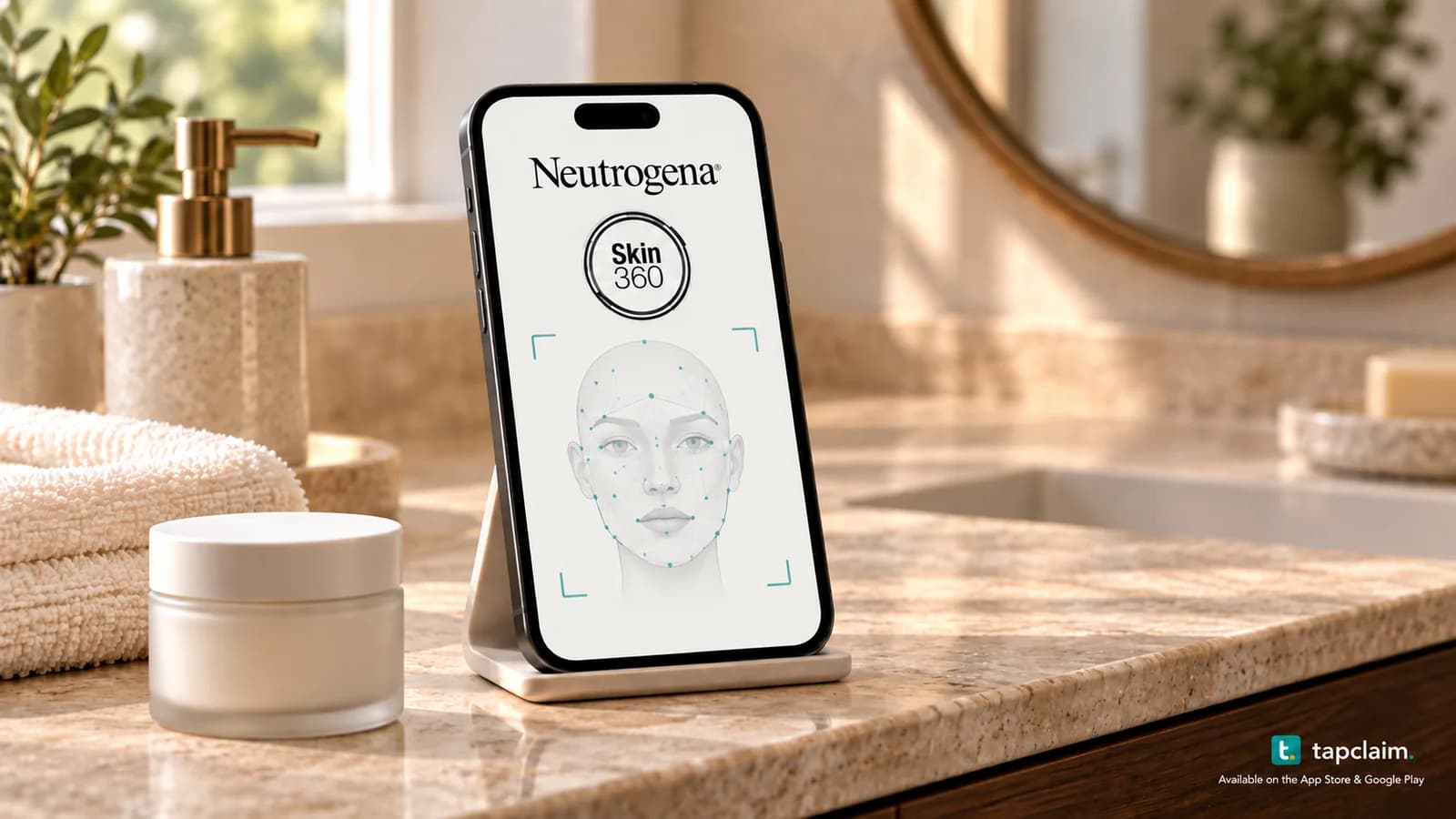 A Neutrogena Skin360 phone display with an anonymous facial-scan mesh beside skincare items on a vanity.