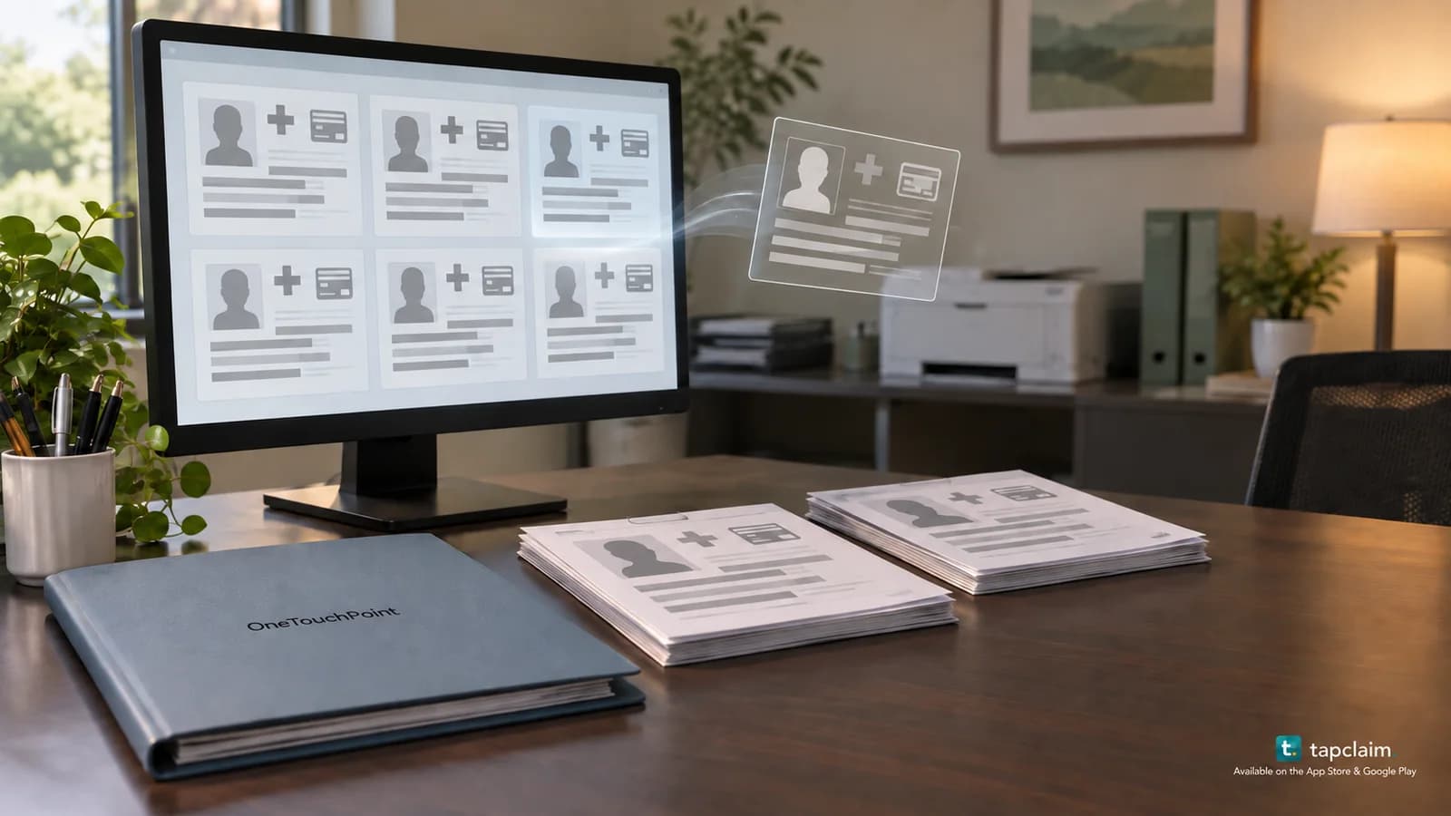 A monitor with anonymous health and membership records beside a OneTouchPoint folder and redacted paperwork.