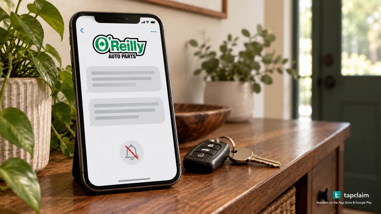A smartphone showing repeated O'Reilly message cards beside car keys and a muted-notification symbol.
