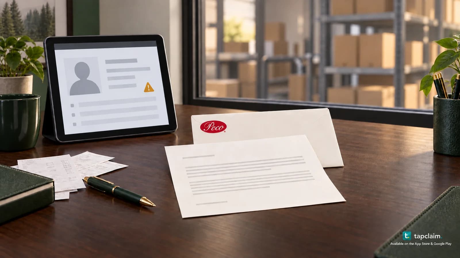 Peco correspondence beside a tablet showing masked personal records, with a warehouse softly blurred behind an office window.