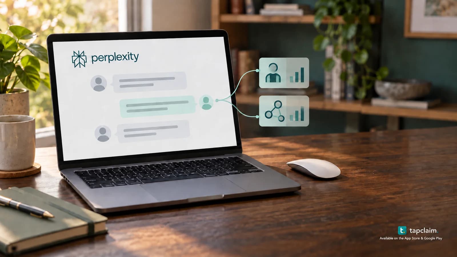 A laptop with the Perplexity mark and abstract chat messages connected to anonymous analytics symbols on a desk.
