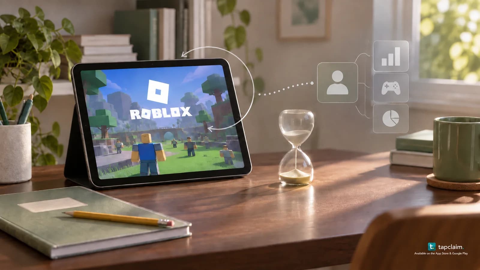 A tablet with the Roblox mark beside schoolwork and an hourglass, with subtle playtime-loop and anonymous analytics symbols.