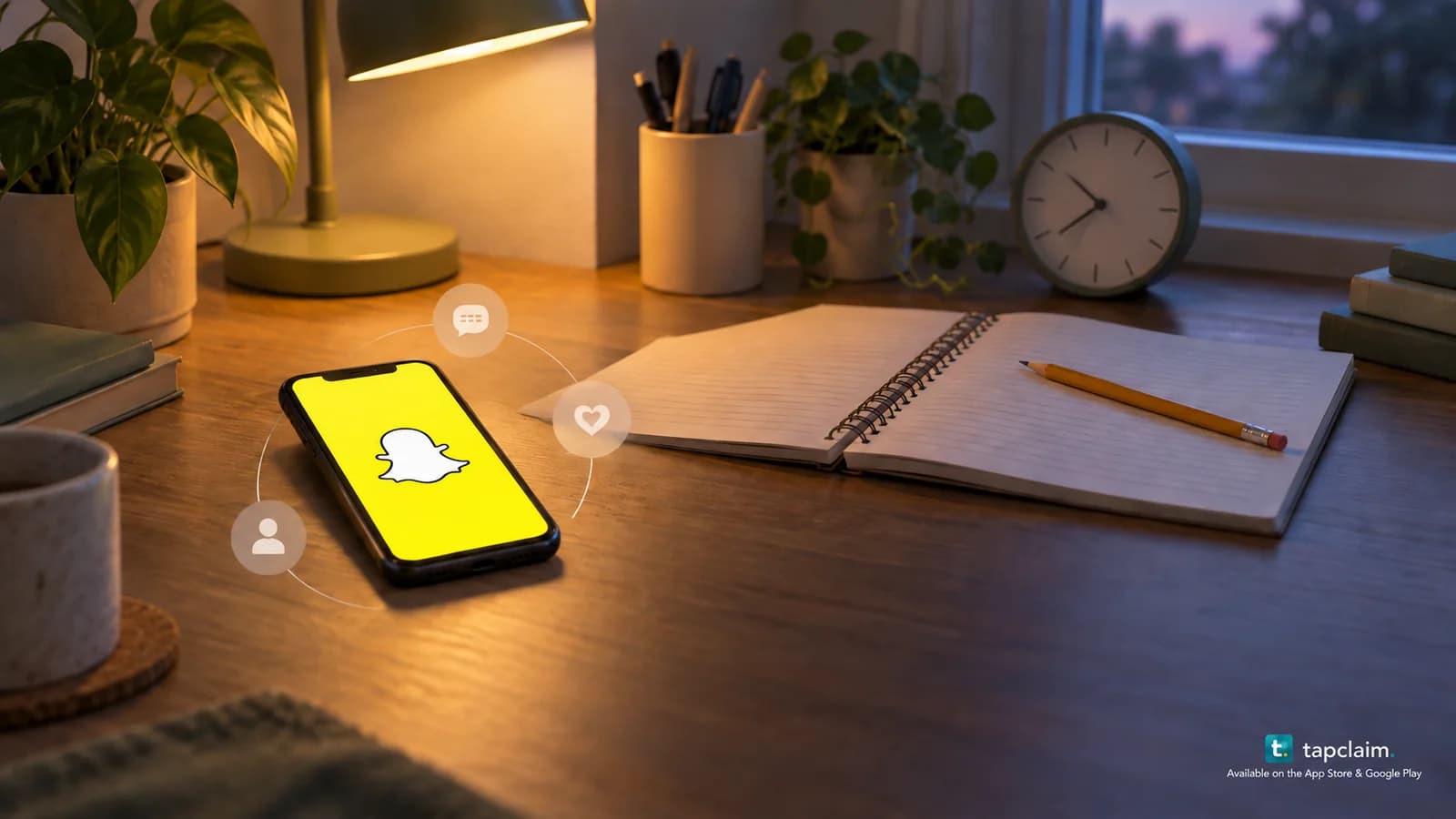 A phone with the Snapchat ghost icon beside a study notebook and clock, with subtle looping notification symbols.