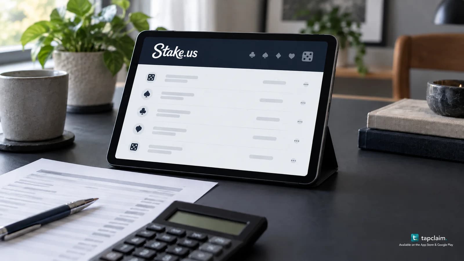 A Stake.us tablet with anonymous transaction rows beside payment records and a calculator.