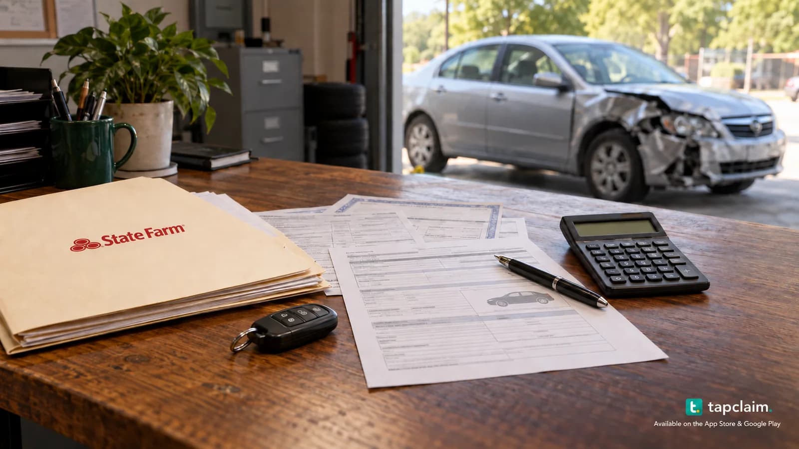 State Farm auto-insurance paperwork, vehicle keys and registration documents beside a damaged sedan.