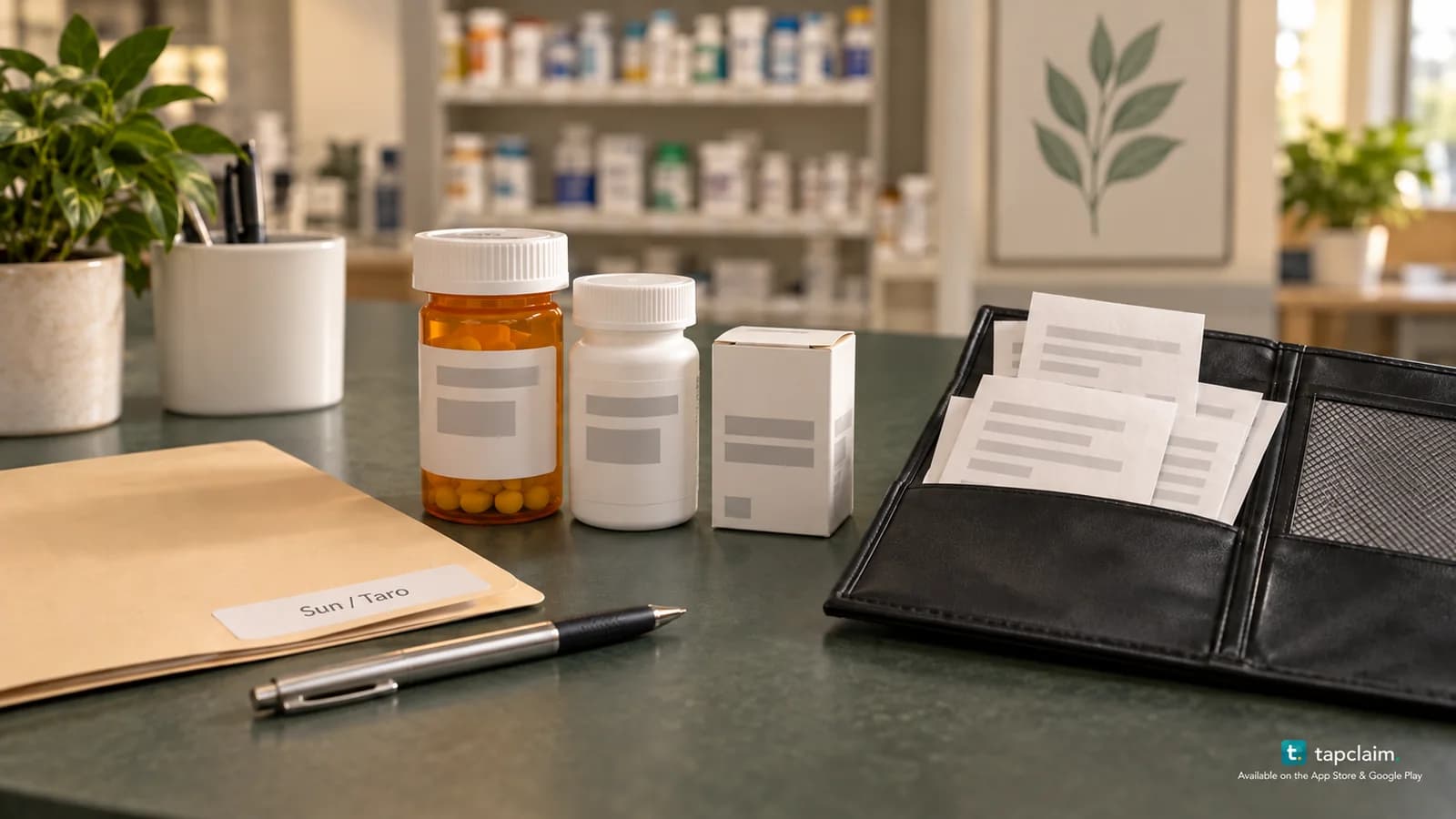 Generic prescription containers and pharmacy receipts beside a Sun and Taro file folder.