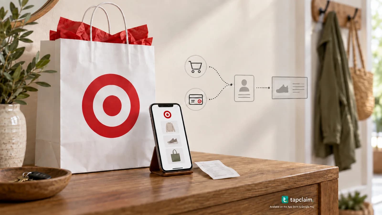 A Target shopping bag and smartphone beside a diagram linking shopping activity to an anonymous advertising profile.