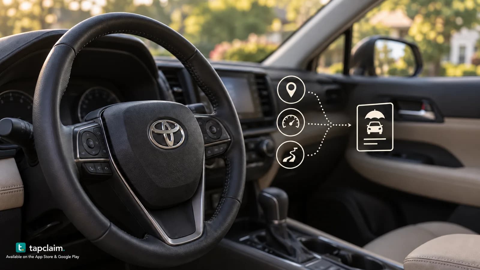 A Toyota steering wheel with location and driving-data symbols linked to an insurance document.