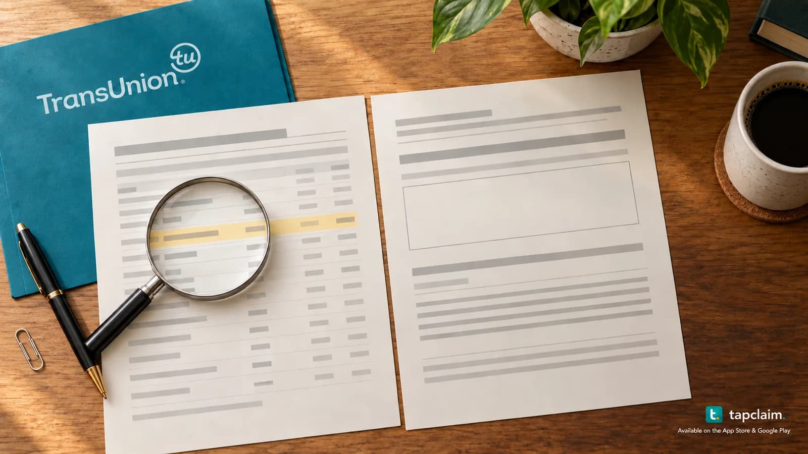 TransUnion credit-report papers with a magnifying glass highlighting a mismatched entry beside an empty records section.