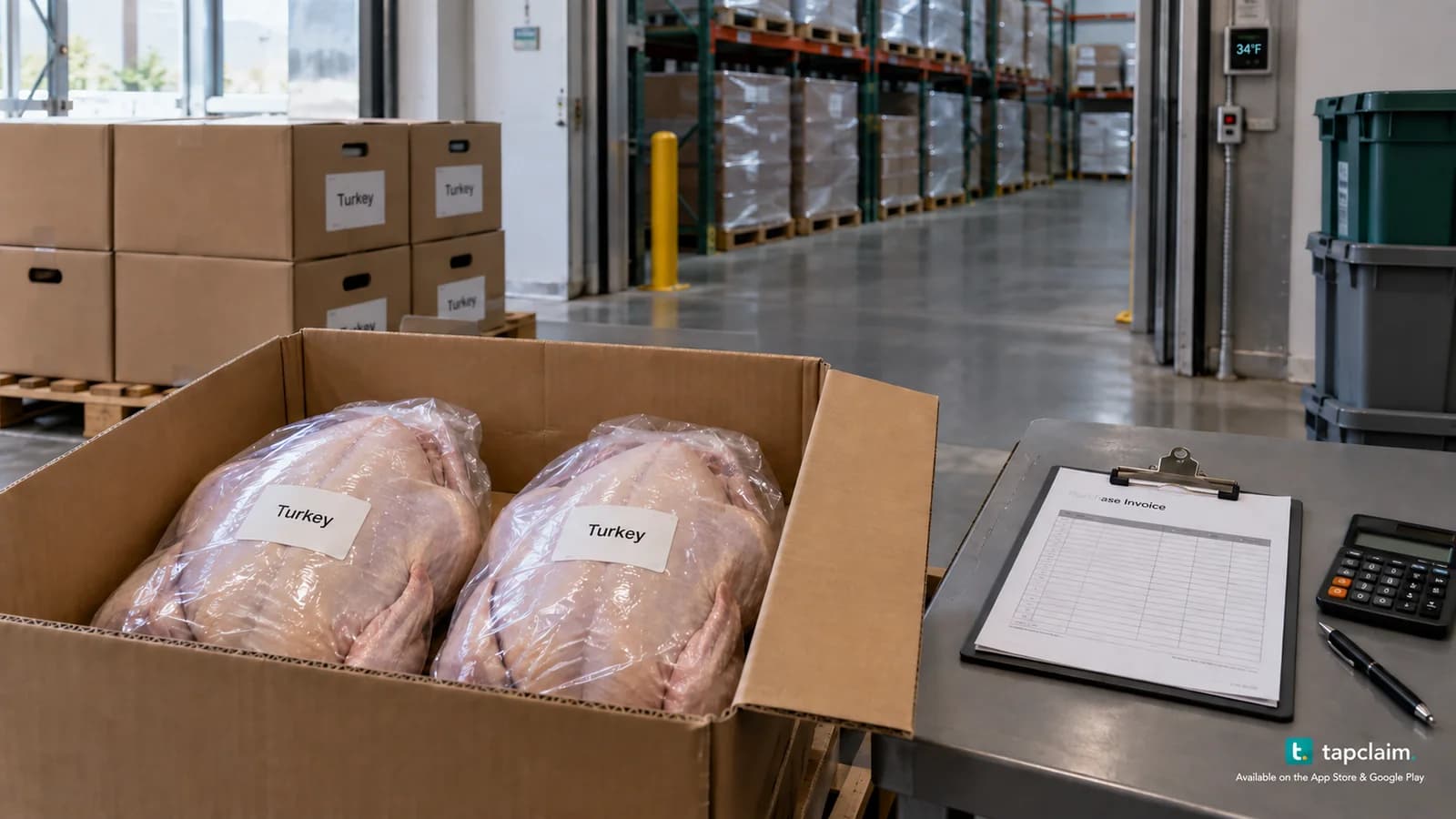 Sealed whole turkeys in a shipping carton beside purchase records and a calculator in a food distribution facility.