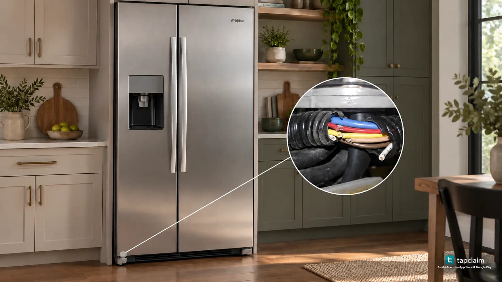A side-by-side Whirlpool refrigerator with a detail inset of wiring at the lower freezer-door hinge.